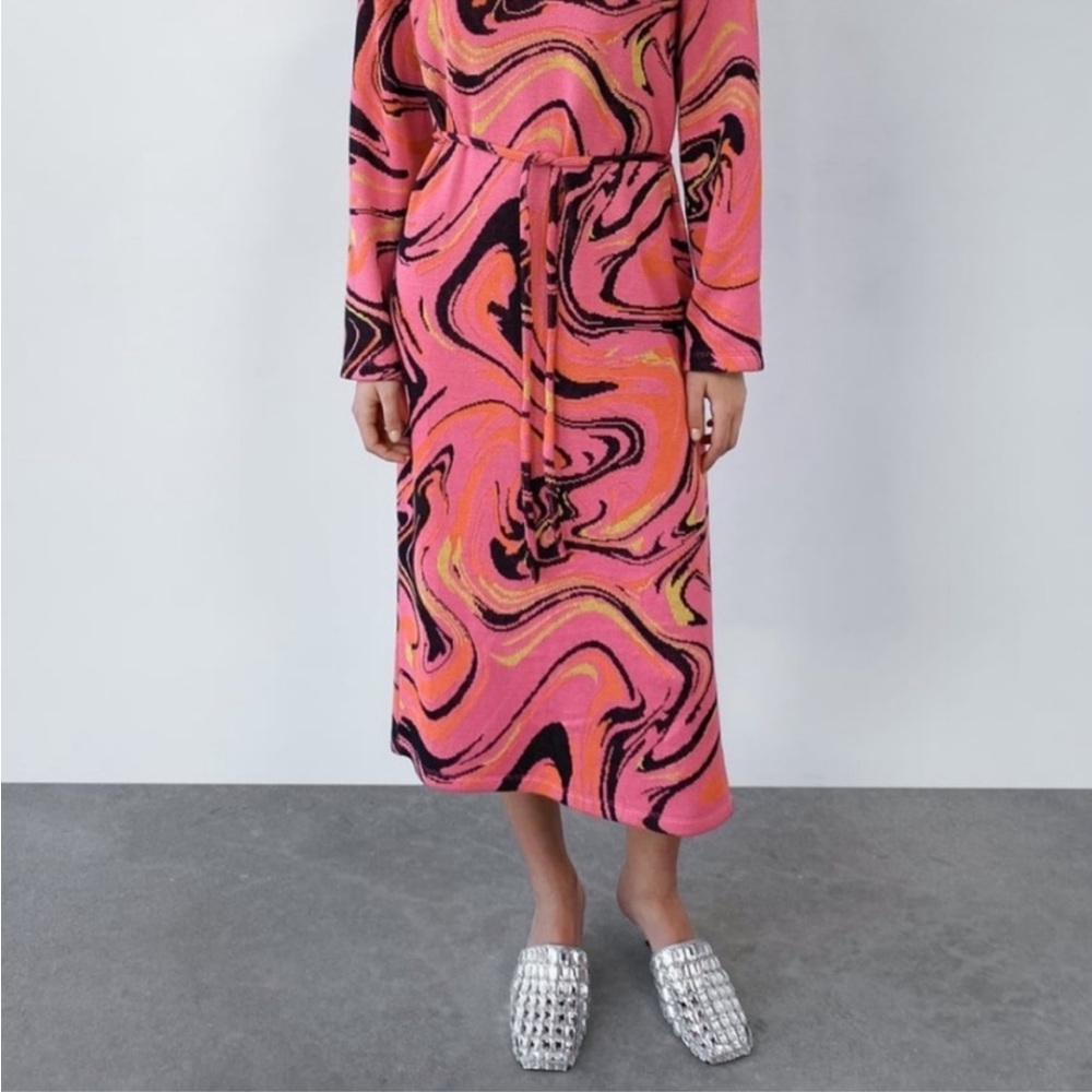 Zara Pink Jacquard Abstract Belted Midi Dress - Picture 4 of 10